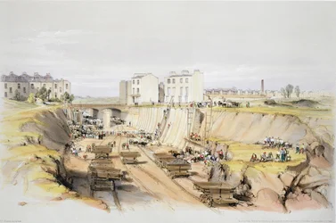 1836年にアーティストによって彫刻された、1836年9月17日、カムデンタウンのパークストリート近くに擁壁を構築